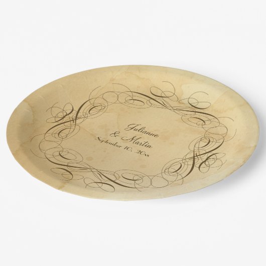 Antike Vintage Kalligrafie-Skulpturen Hochzeit Pappteller (Schrägansicht)