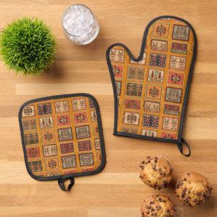 Antike Vintage Orange Terrakotta Kilim Türkisch Ofenhandschuh & Topflappen-Set