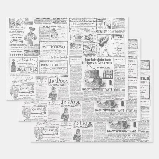 Antike Vintage Schwarz-weiße französische Werbung Geschenkpapier Set (Set)