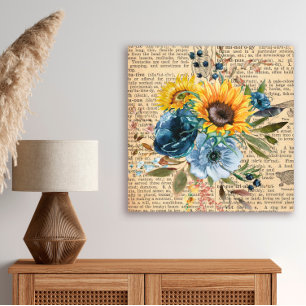 Antike Vintage-Sonnenblumen Blaue Blumenwörterbuch Leinwanddruck