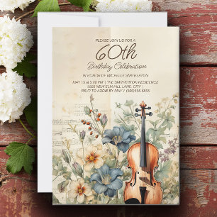 Antike Violine Staubblaue Blumen 60. Geburtstag Einladung
