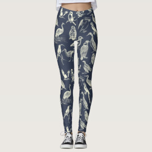 Antike Vogelcreme und Navy Print Illustriert Leggings