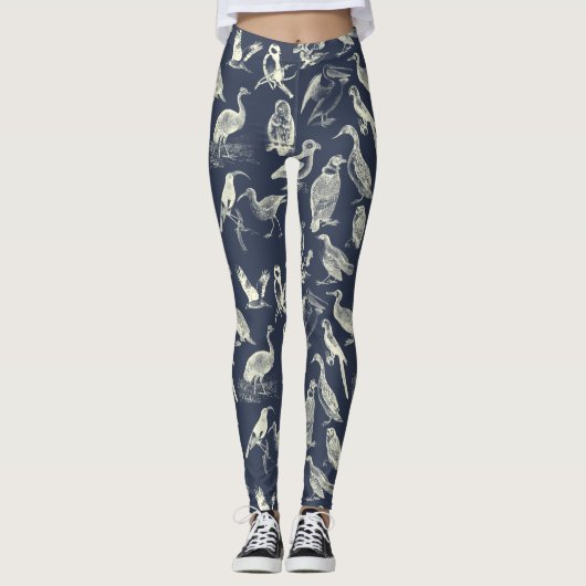 Antike Vogelcreme und Navy Print Illustriert Leggings (Vorderseite)