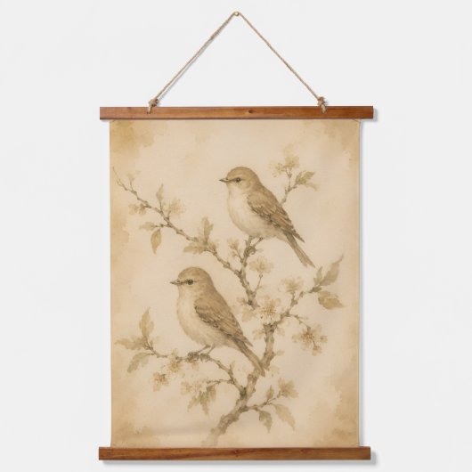 Antike Wasserfarben-Vögel Botanischer Wandteppich Mit Holzrahmen (Vorderseite)