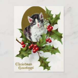 Antike Weihnachts-Feiertag-Katze-Stechpalme-Postka Feiertagspostkarte