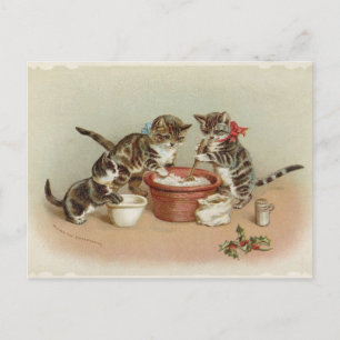 Antike Weihnachts-Kitty-Katzen machen Pudding Feiertagspostkarte
