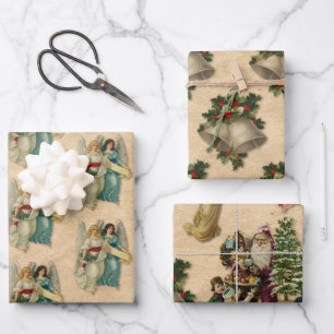 Antike Weihnachtsengel Glocken Santa Pergament Geschenkpapier Set