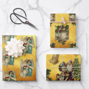 Antike Weihnachtsengel Glocken Santa Reich Gold Geschenkpapier Set