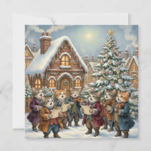 Antike Weihnachtskatzen singen in der Nähe des Wei Feiertagskarte