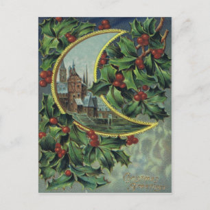 Antike Weihnachtspostkarte-Efeu & Halbmond Feiertagspostkarte