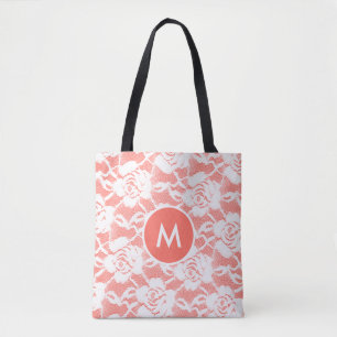 Antike weiße Chantilly-Spitze Koralle monogrammier Tasche