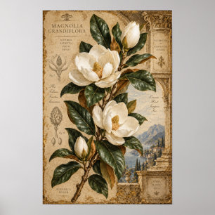 Antike Weiße Magnolie Botanische Wandkunst Poster