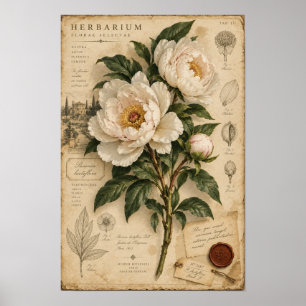 Antike Weiße Pfingstrose Herbarium Botanische Wand Poster