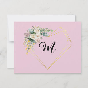 Antike weiße rosa Rosen Goldenes Herz Monogramm  Feiertagskarte