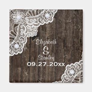 Antike weiße Spitze, altes Holz Hochzeit Save the  Magnet
