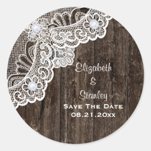 Antike weiße Spitze, altes Holz Hochzeit Save the  Runder Aufkleber