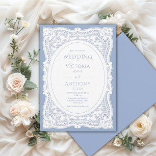 Antike Weiße Spitze Blaue Rustikale Hochzeit Einladung
