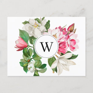Antike Weiße und rosa Magnolienblumen Monogramm Feiertagspostkarte