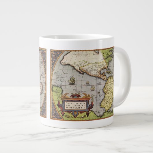 Antike Weltkarte Amerikas von Abraham Ortelius Jumbo-Tasse (Vorderseite Rechts)
