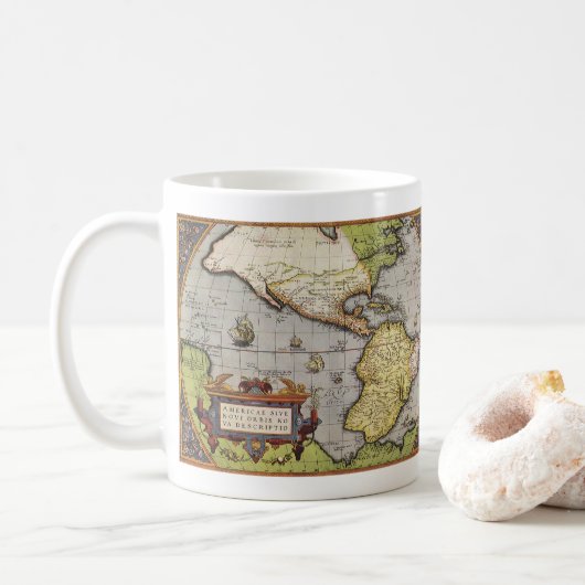 Antike Weltkarte Amerikas von Abraham Ortelius Kaffeetasse (Mit Donut)