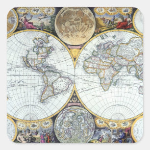 Antike Weltkarte, Atlas Maritimus von John Seller Quadratischer Aufkleber