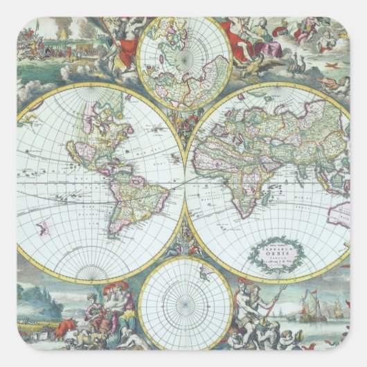 Antike Weltkarte aus dem 17. Jahrhundert, Frederic Quadratischer Aufkleber (Vorderseite)