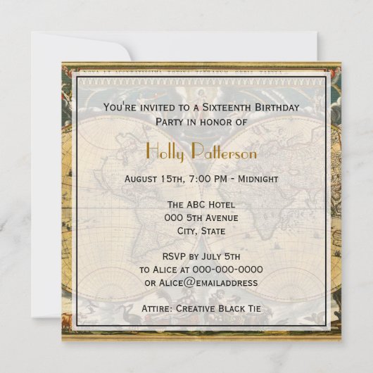 Antike Weltkarte, beängstigender BG SQ Sweet 16 Einladung (Rückseite)