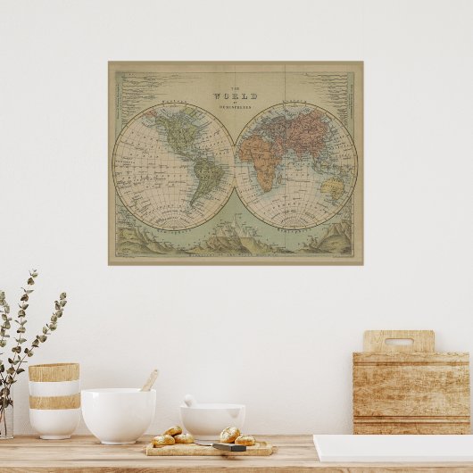 Antike Weltkarte der Vintagen Hemisphären Poster (Küche)