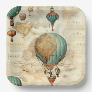 Antike Weltkarte Heißluftballon im Vintage-Stil Pappteller
