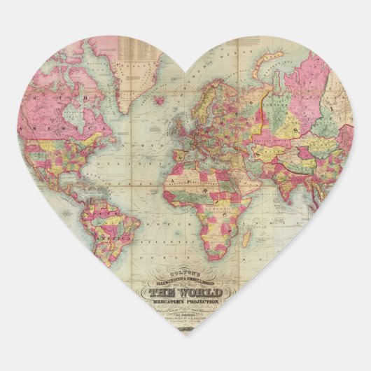Antike Weltkarte von John Colton, ca. 1854 Herz-Aufkleber (Vorderseite)