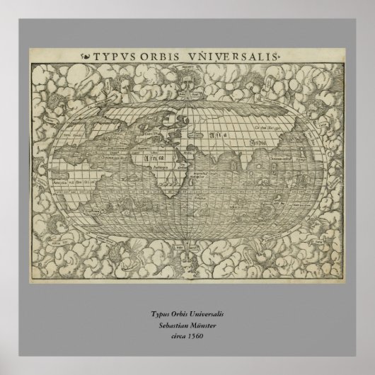 Antike Weltkarte von Sebastian Münster um 1560 Poster (Vorne)