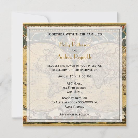 Antike Weltkarte, weiße BG Hochzeit Einladung (Rückseite)
