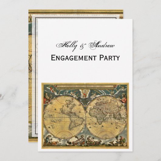 Antike Weltkarte, Weiße BG V Verlobung Einladung (Vorne/Hinten)