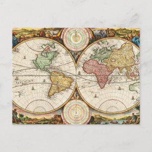Antike Weltkarte Zwei Hemisphären seltene Vintage  Postkarte
