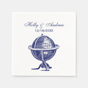 Antike Weltkugel Lithographie Zeichnung Navy Serviette