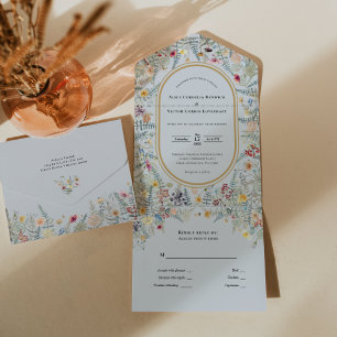 Antike Wildblumen-Farn-Staubblau-Hochzeit All In One Einladung
