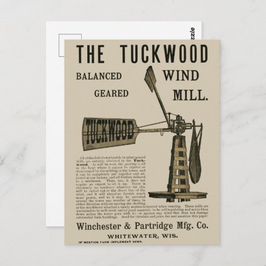 Antike Windmühle Das Tuckwood Whitewater Wis 1889 Postkarte (Vorne/Hinten)