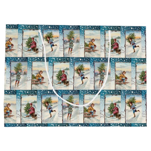 Antike WinterAngeln im Schnee Collage Große Geschenktüte (Rückseite)