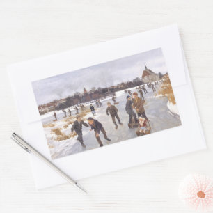 Antike Wintereisskatingszene Dorf Fine Art Rechteckiger Aufkleber