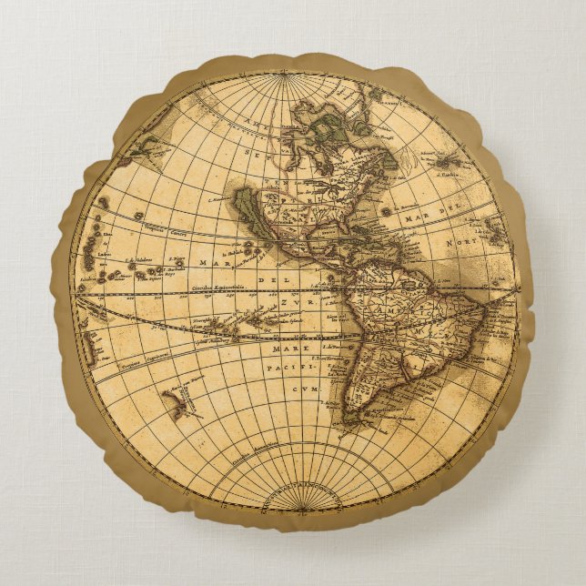 Antike World Map 🌐 in Sepia Colors Rundes Kissen (Vorderseite)