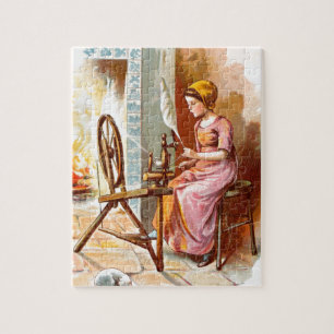 Antike Zeichnung: Mädchen mit Spinnrad Puzzle