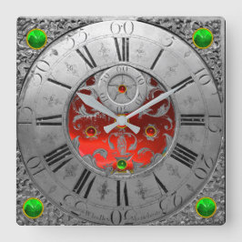 Antike Zeit, Kleeblätter, Ruby Gemstones Silber Quadratische Wanduhr