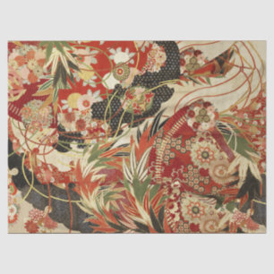 ANTIKEN JAPANISCHE BLUMEN Rot Grün Schwarz Floral Seidenpapier
