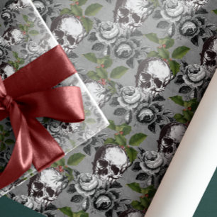 ANTIKEN SCHÄDEL SCHWARZE GRAUE ROSEN GESCHENKPAPIER