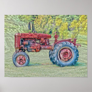 Antiker alter roter rustikaler Farmtraktor Poster