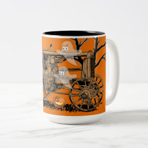 ANTIKER BAUERNTRAKTOR HALLOWEEN GEISTER-KÜRBIS-HOF ZWEIFARBIGE TASSE