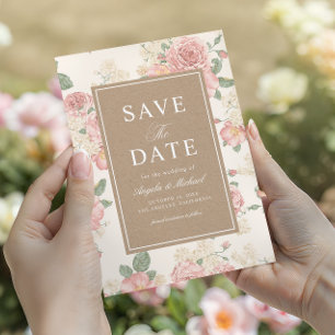 Antiker Blumengarten mit Rosen & Kraft-Hochzeit Save The Date