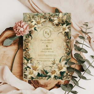 Antiker Blumenrahmen Elfenbein-Lilie Hochzeit Einladung