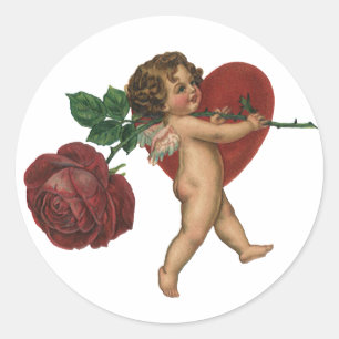 Antiker Cherub und viktorianische Rose zum Valenti Runder Aufkleber