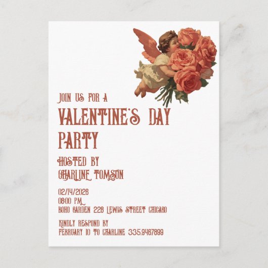 Antiker Cupido mit Rosenbouquet Einladungspostkarte (Vorderseite)
